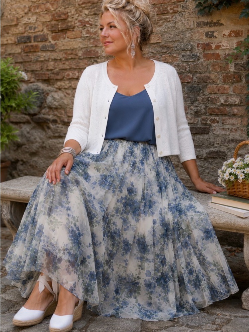 XL Wild Skye Blue Floral Maxi Skirt with Sheer Overlay, New With Tags
